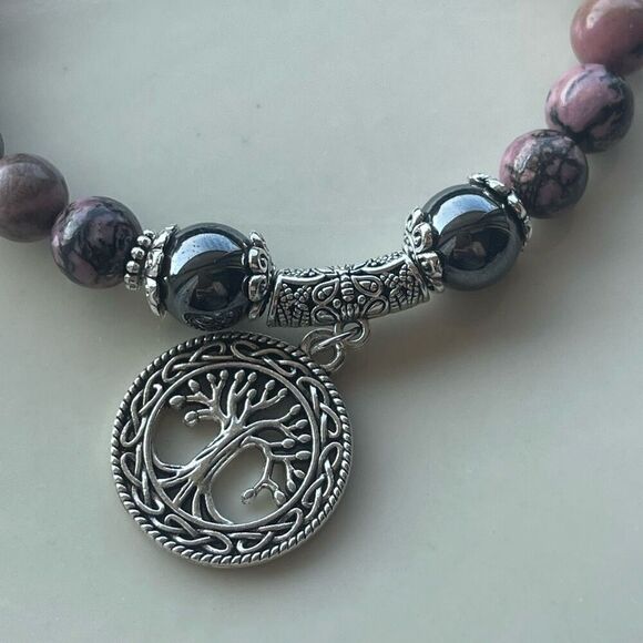Rose coral jasper rhodonite hematite obsidian tree of life ONE NEW stretch brace - Picture 13 of 16